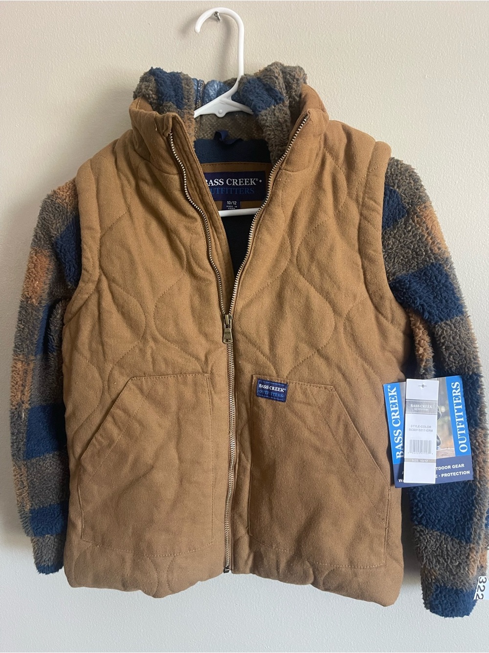 Bass Creek Kids' Quilted Tan Vest with Blue Plaid Sherpa Sleeves
